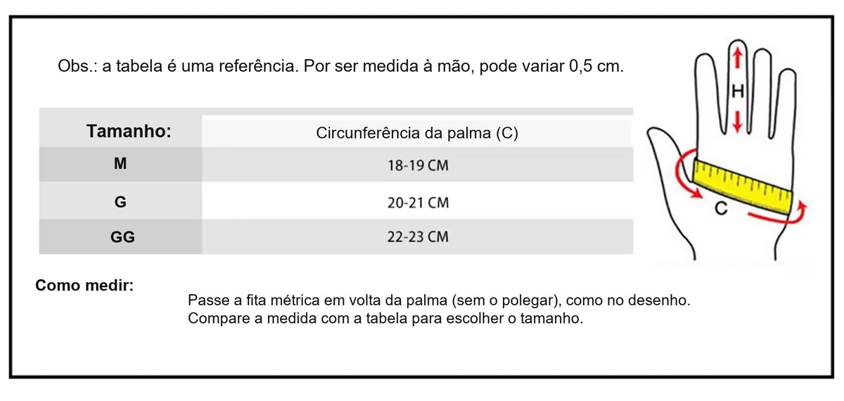 Luva Tática Meio Dedo ou Dedo Inteiro – tabela de tamanhos M, G e GG pela circunferência da palma