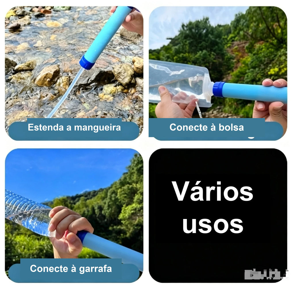 Canudo Filtro de Água para Trilha – formas de uso: direto no rio, ligado à bolsa ou à garrafa