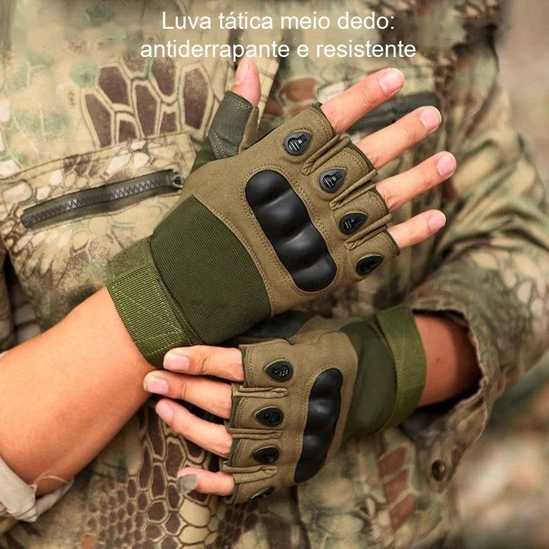 Luva Tática Meio Dedo ou Dedo Inteiro – par verde meio dedo com protetor nos nós dos dedos