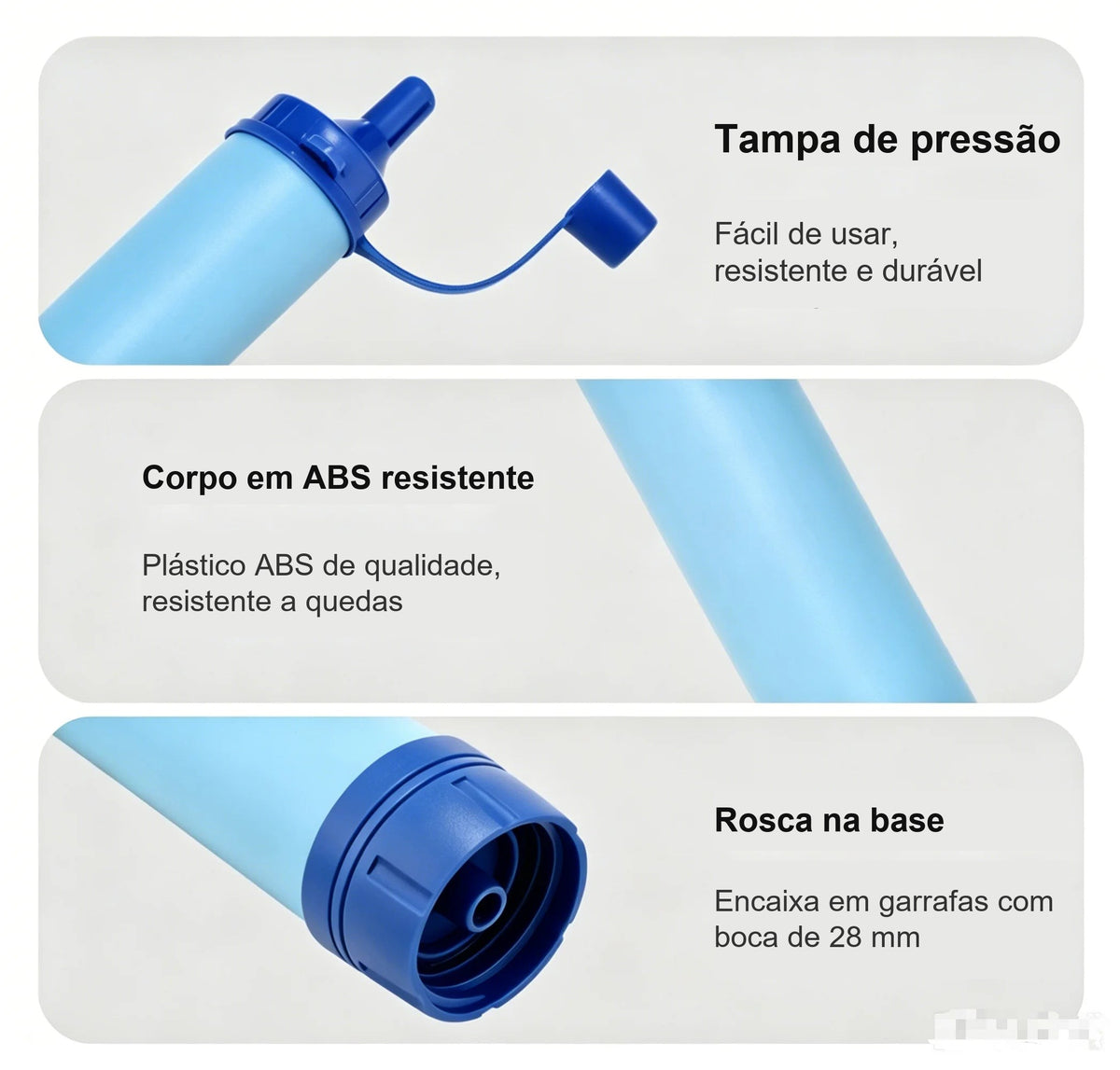Canudo Filtro de Água para Trilha – partes: tampa de pressão, corpo em ABS e rosca para garrafa