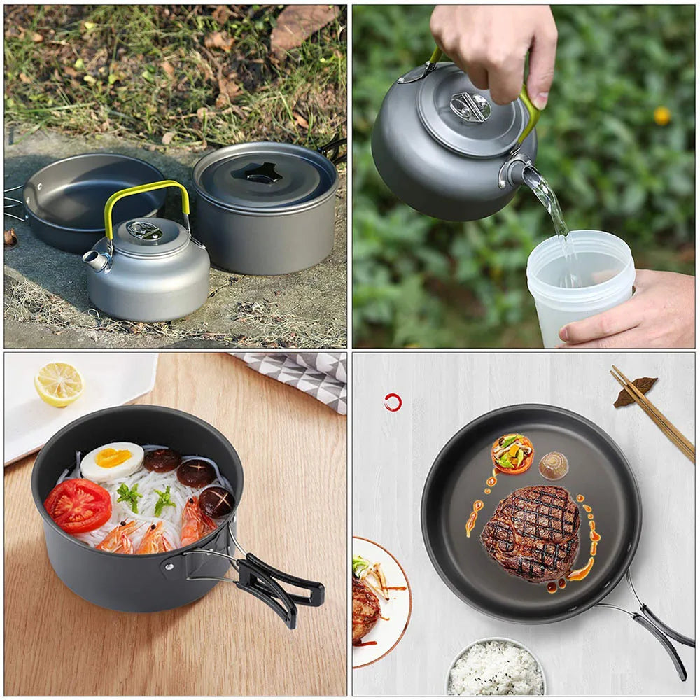 Kit de Panelas para Camping 11 Peças – em uso: chaleira, panela e frigideira com comida