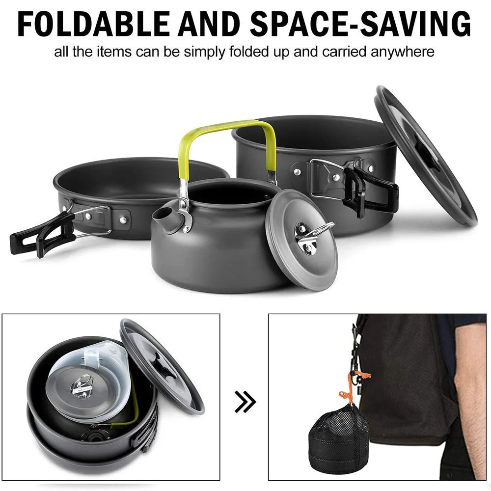 Kit de Panelas para Camping 11 Peças – dobrável: as peças encaixam uma dentro da outra