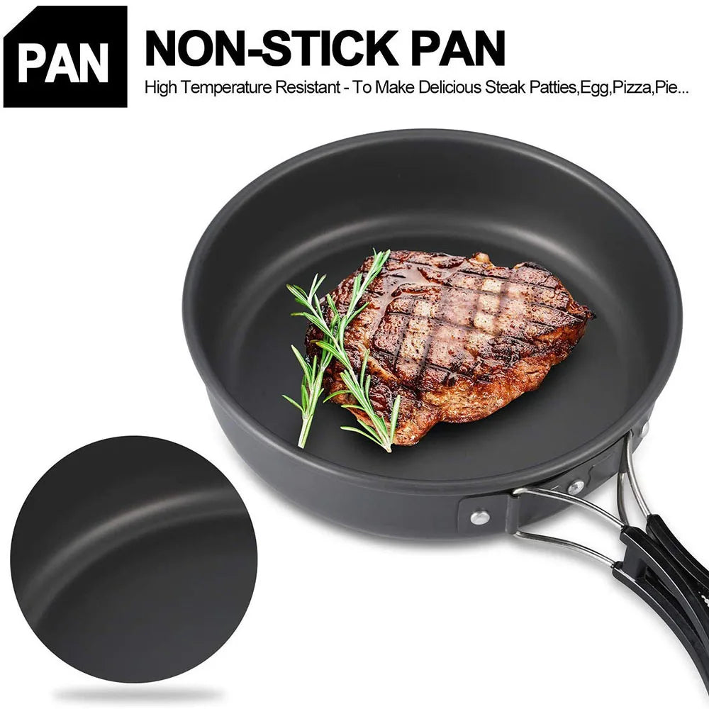 Kit de Panelas para Camping 11 Peças – frigideira antiaderente com carne