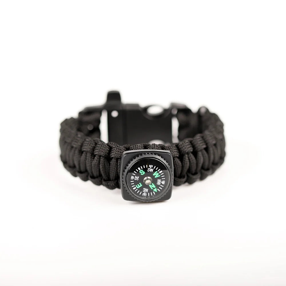 Pulseira de Sobrevivência Paracord com Bússola e Apito – pulseira preta com bússola