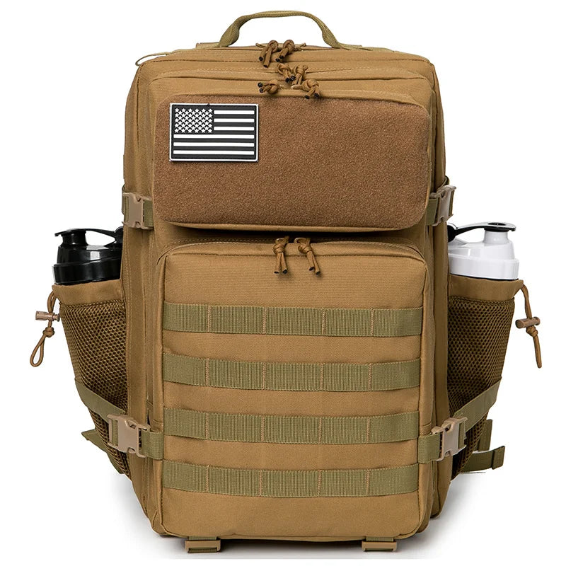 Mochila Tática 45L MOLLE – cor coyote, vista de frente