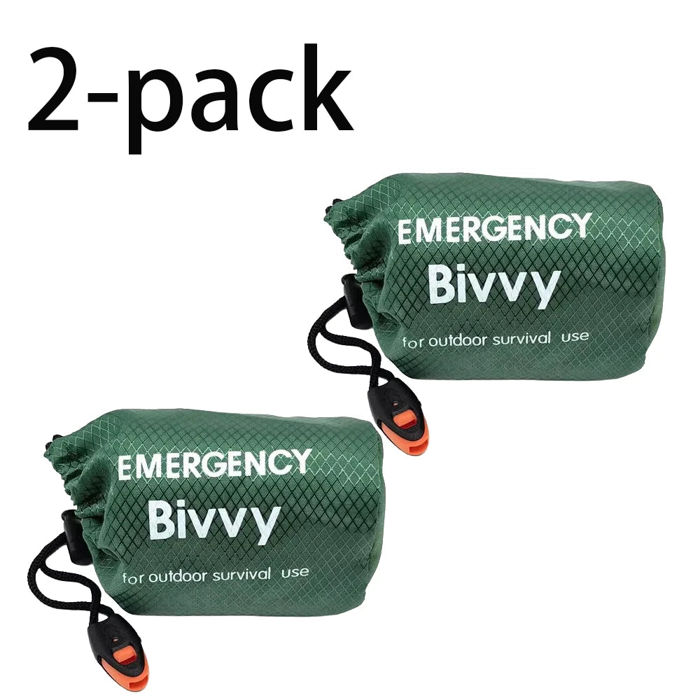 Saco de Dormir Térmico de Emergência com Apito – duas bolsas de transporte verdes