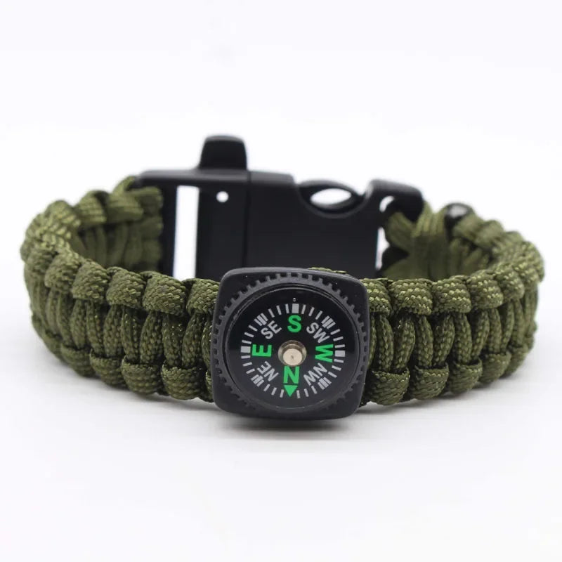 Pulseira de Sobrevivência Paracord com Bússola e Apito – pulseira verde com bússola e apito na fivela