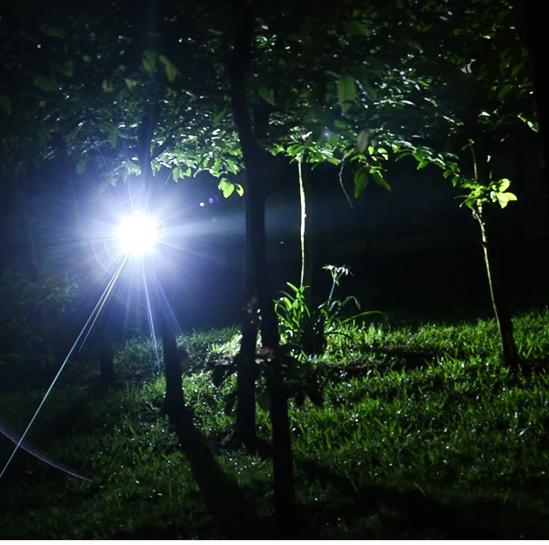 Lanterna de Cabeça Recarregável com Zoom e Sensor – facho iluminando uma árvore à noite