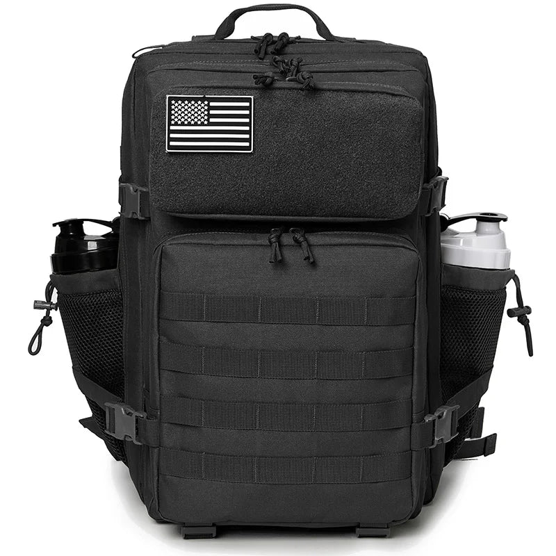 Mochila Tática 45L MOLLE – cor preta, vista de frente