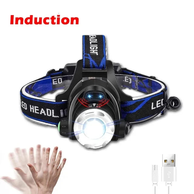 Lanterna de Cabeça Recarregável com Zoom e Sensor – modelo com zoom e sensor de movimento