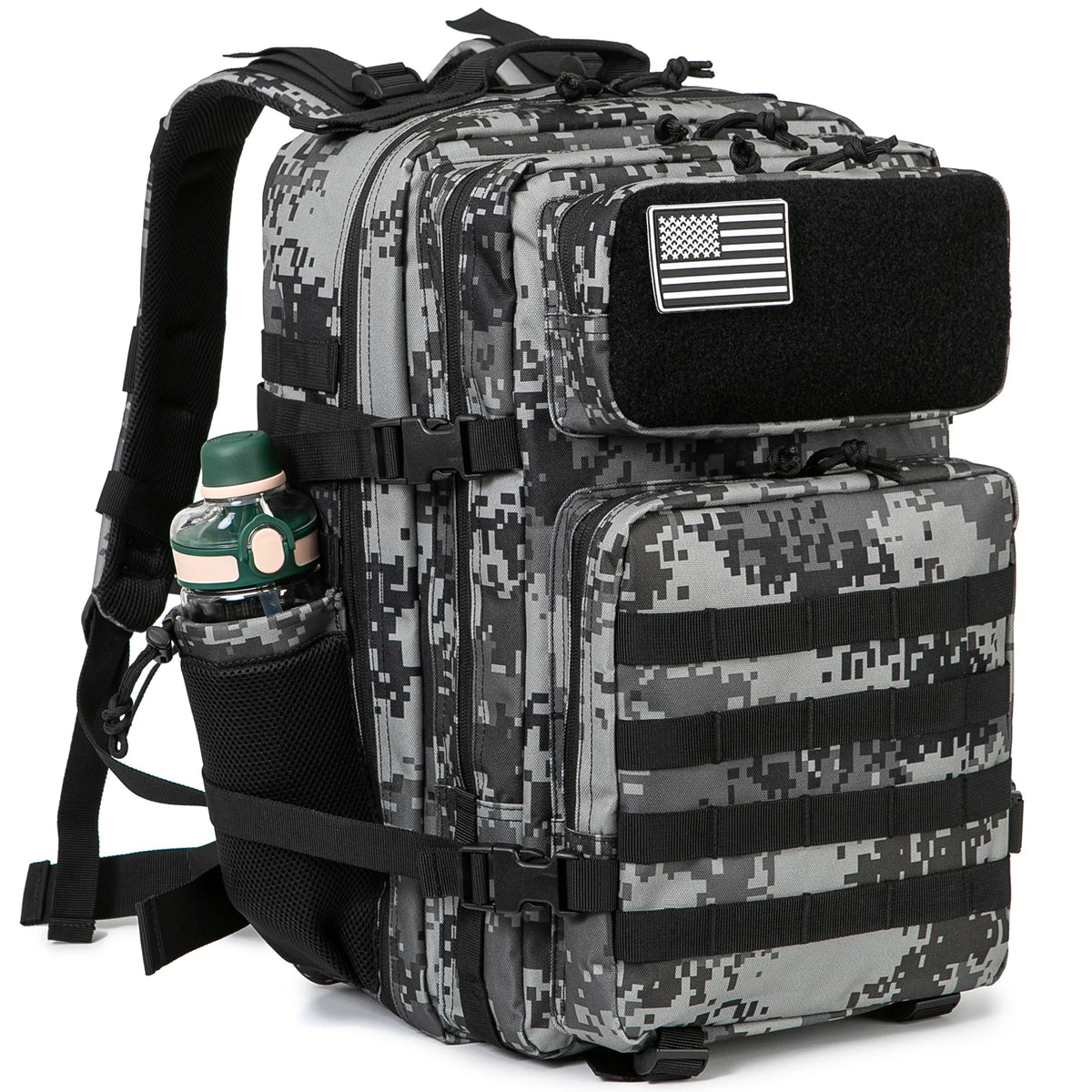 Mochila Tática 45L MOLLE – camuflagem digital cinza, vista de lado