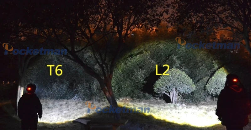Lanterna de Cabeça Recarregável com Zoom e Sensor – comparação do facho de dois modelos de LED à noite