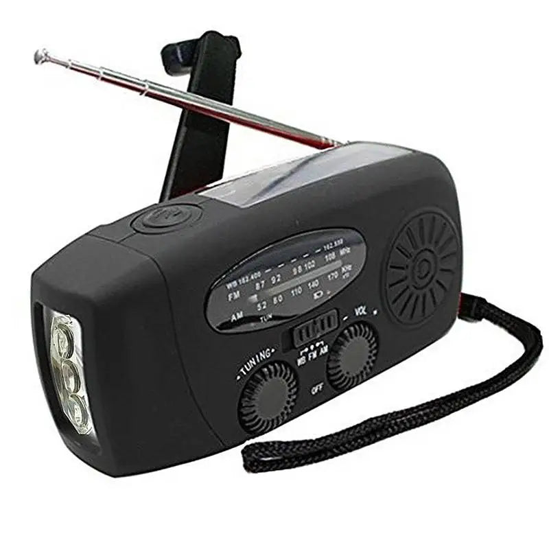 Rádio de Emergência Solar com Manivela, Lanterna e Carregador – cor preta com alça