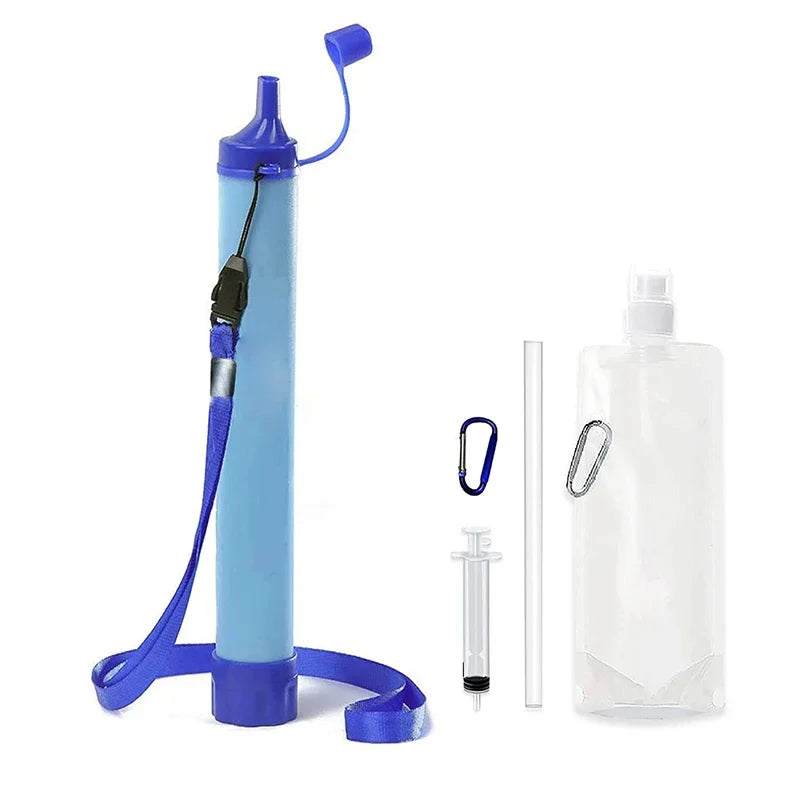 Canudo Filtro de Água para Trilha – versão com bolsa d'água, seringa, tubo e mosquetão