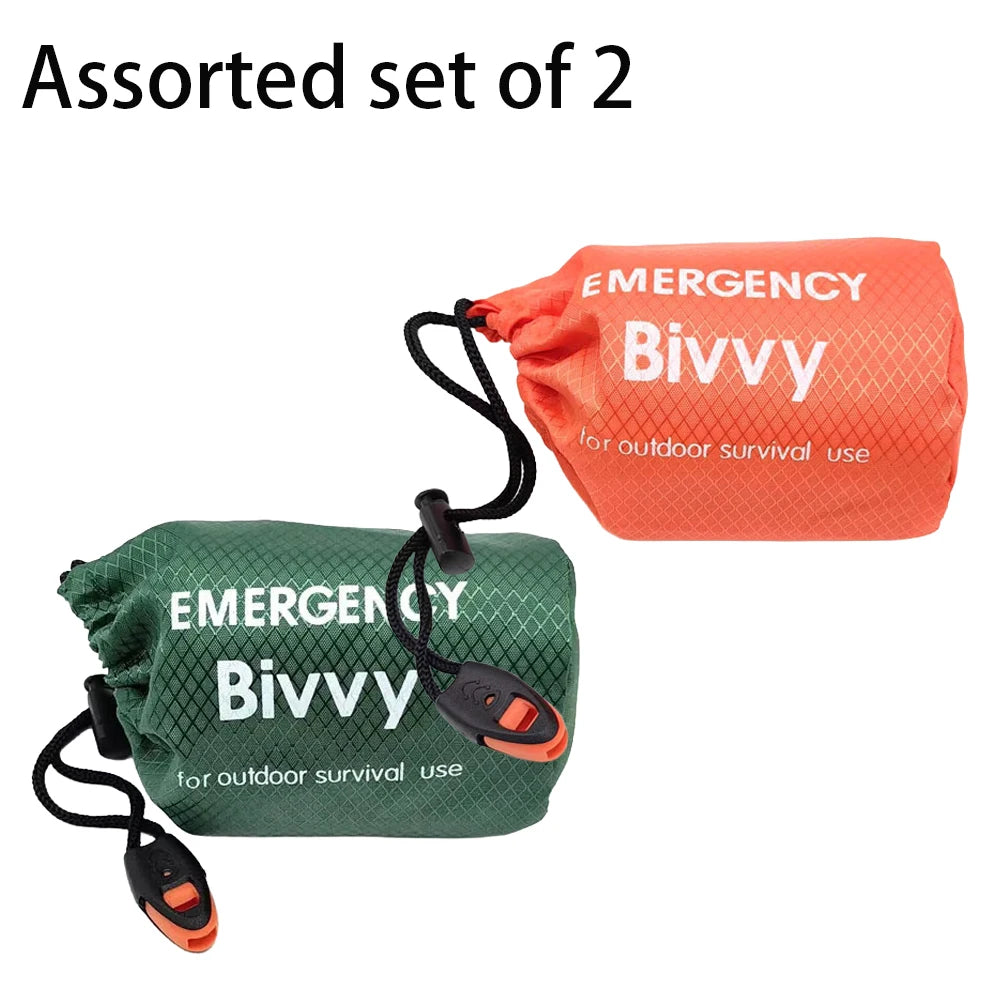 Saco de Dormir Térmico de Emergência com Apito – duas bolsas de transporte, laranja e verde