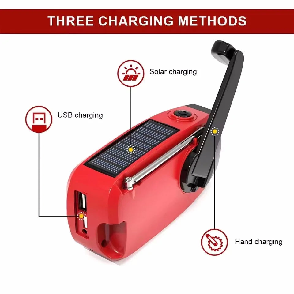 Rádio de Emergência Solar com Manivela, Lanterna e Carregador – três formas de carregar: USB, solar e manivela