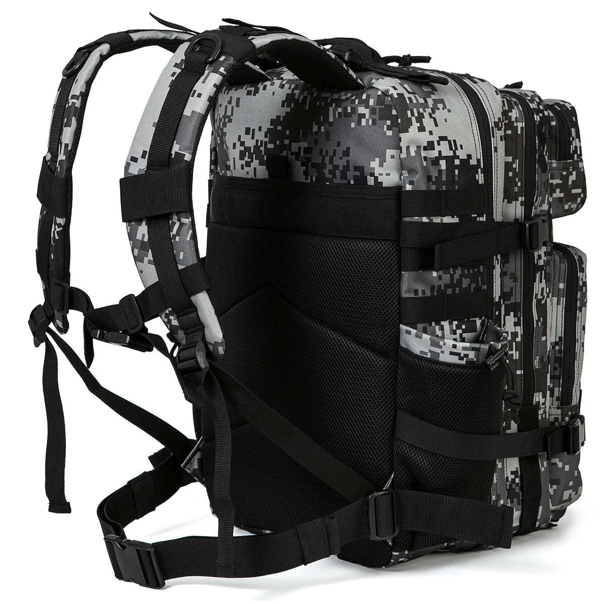 Mochila Tática 45L MOLLE – camuflagem digital cinza, costas e alças