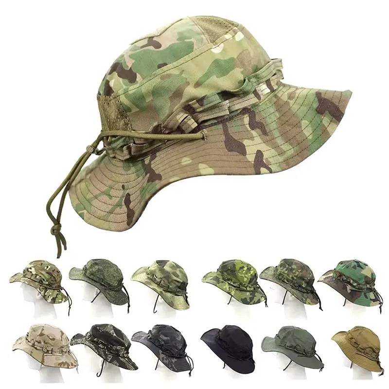 Chapéu Boonie Camuflado – estampa Multicam com cordão e as outras estampas em miniatura