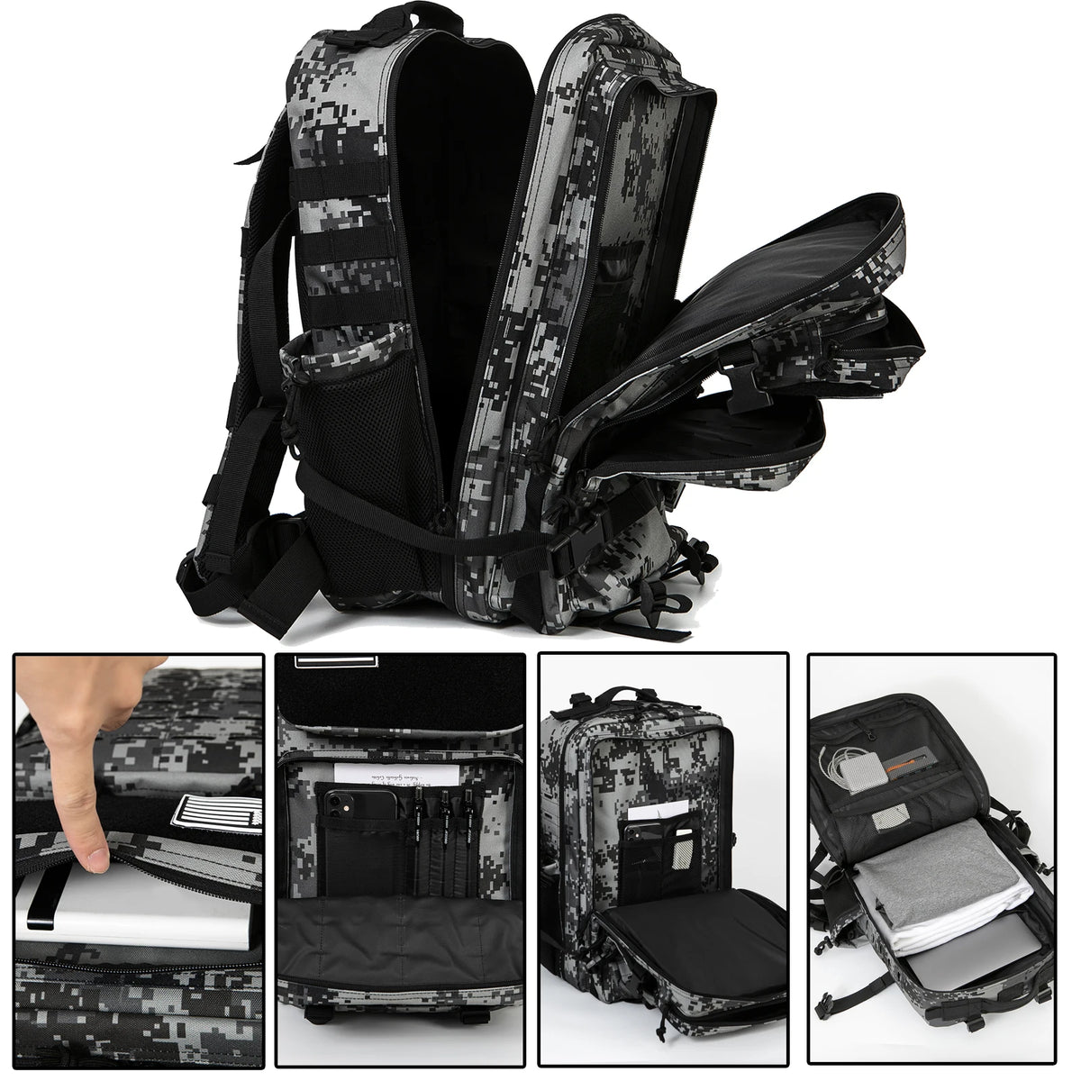 Mochila Tática 45L MOLLE – compartimentos abertos e espaço para notebook