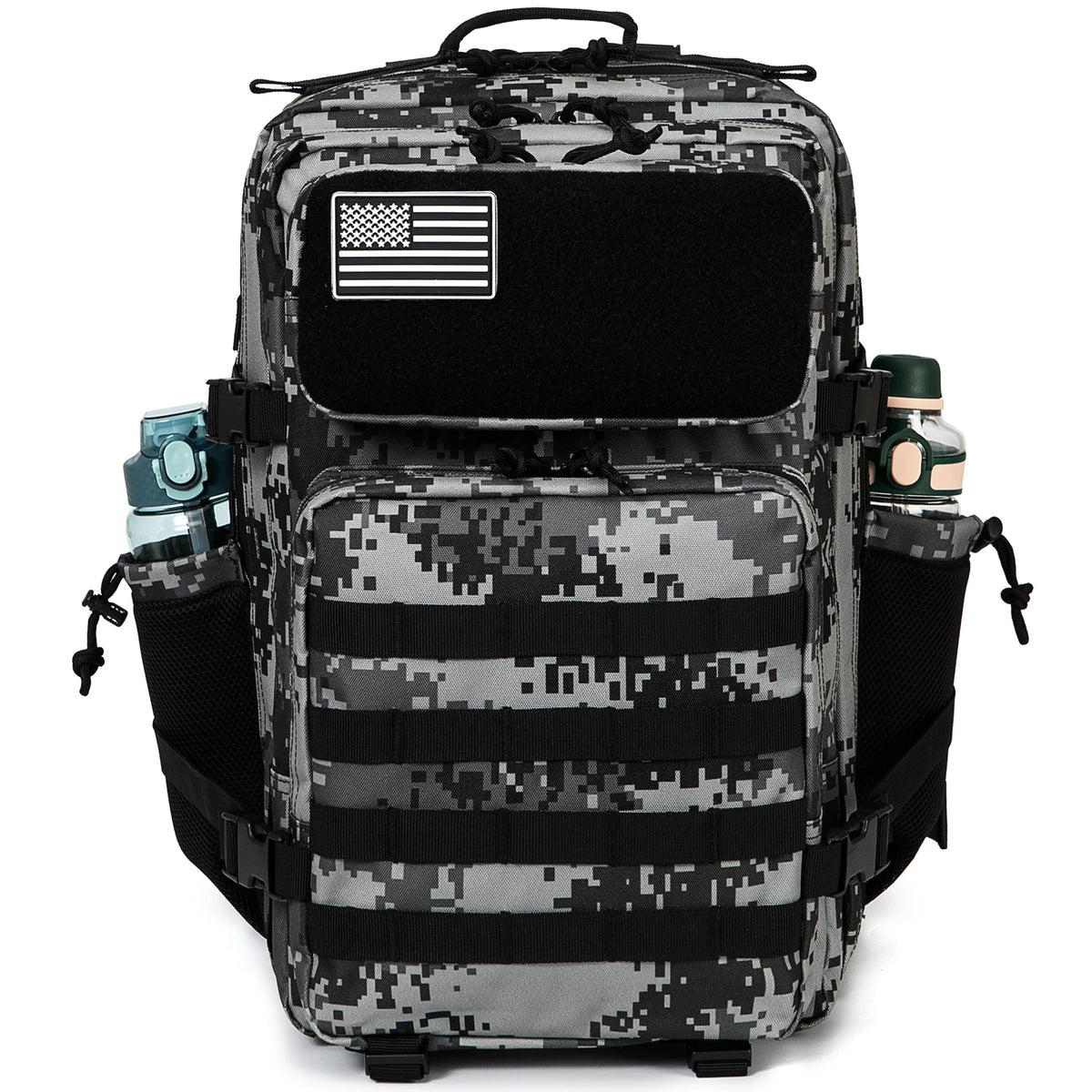 Mochila Tática 45L MOLLE – camuflagem digital cinza, vista de frente