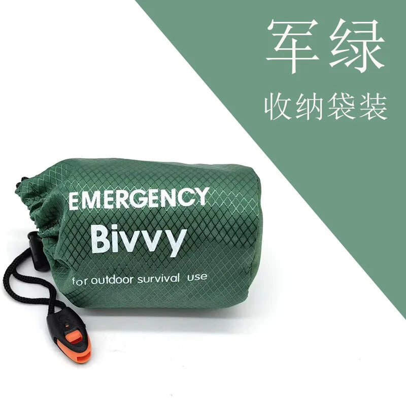 Saco de Dormir Térmico de Emergência com Apito – cor verde, bolsa de transporte com apito