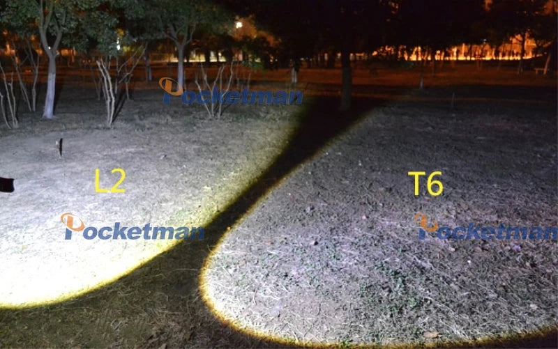 Lanterna de Cabeça Recarregável com Zoom e Sensor – comparação do facho de dois modelos de LED
