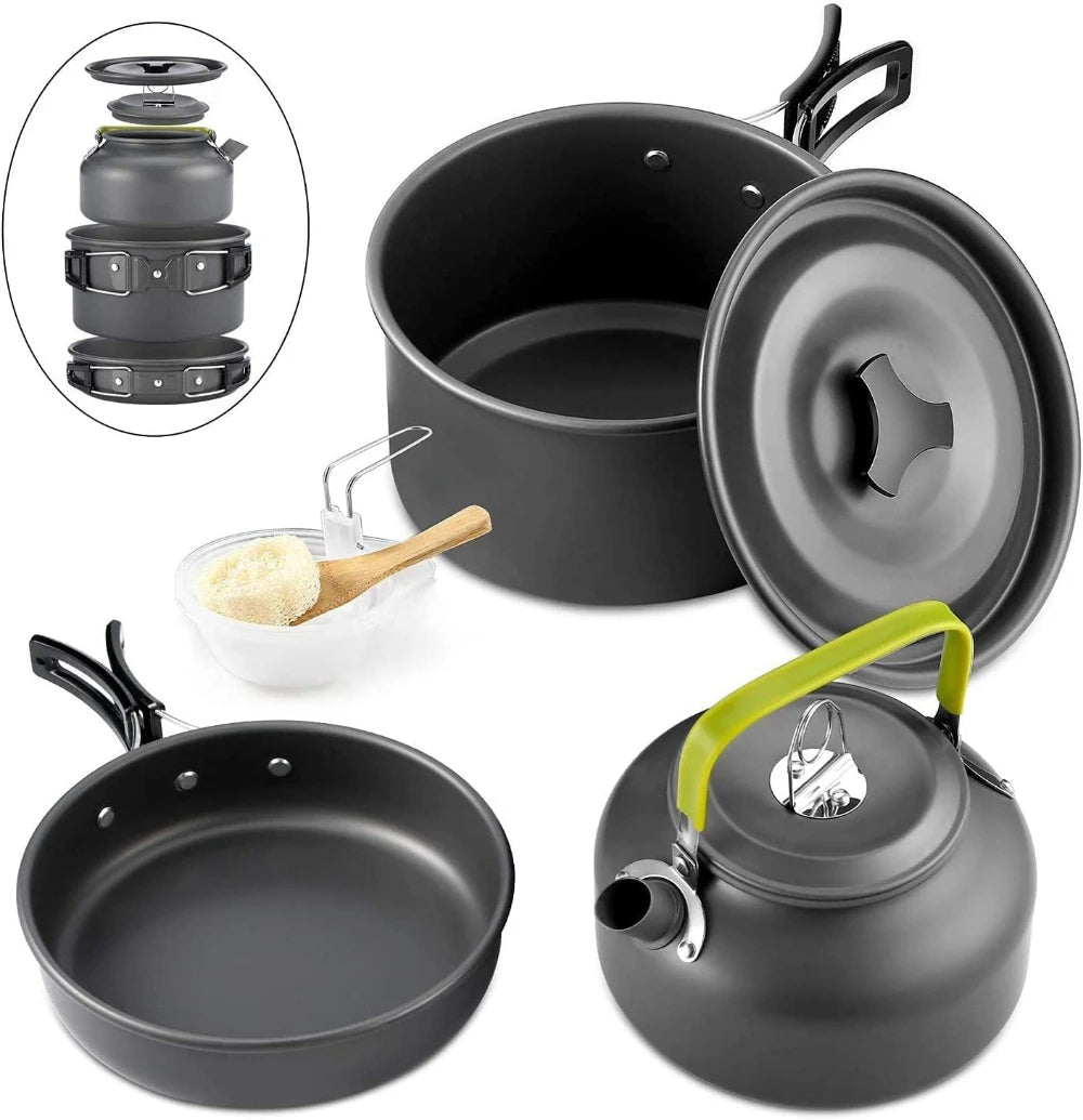 Kit de Panelas para Camping 11 Peças – conjunto completo: panela, frigideira, chaleira, tigelas e talheres