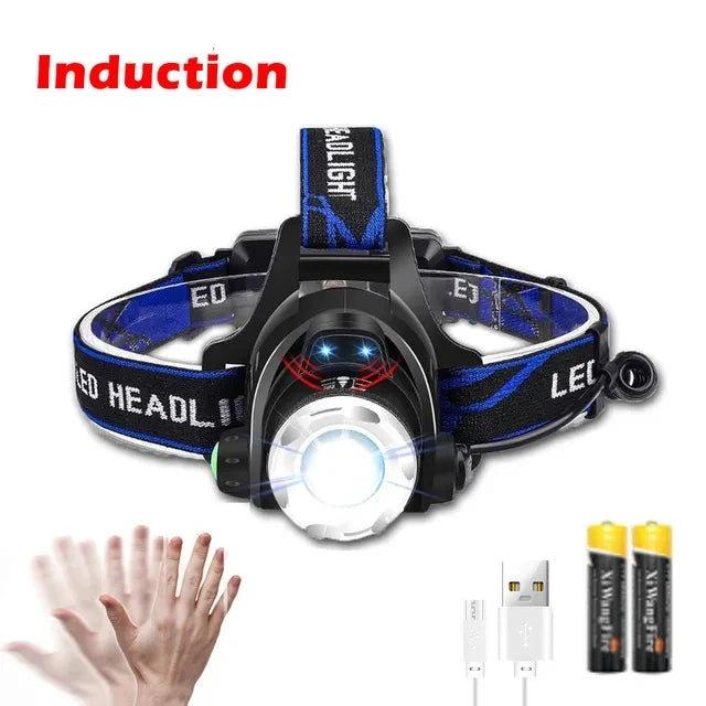 Lanterna de Cabeça Recarregável com Zoom e Sensor – modelo com zoom e sensor, pilhas e cabo