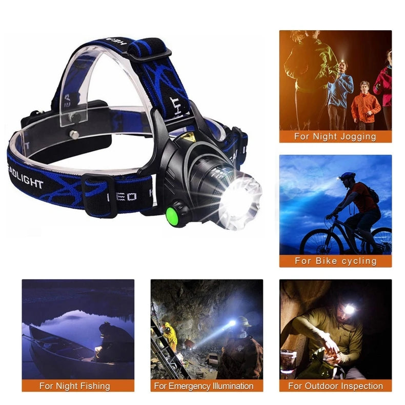 Lanterna de Cabeça Recarregável com Zoom e Sensor – usos: corrida, bicicleta, pesca e emergência
