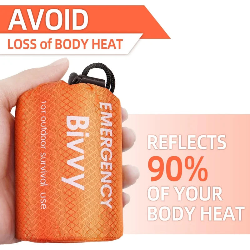 Saco de Dormir Térmico de Emergência com Apito – bolsa de transporte laranja: reflete até 90% do calor do corpo