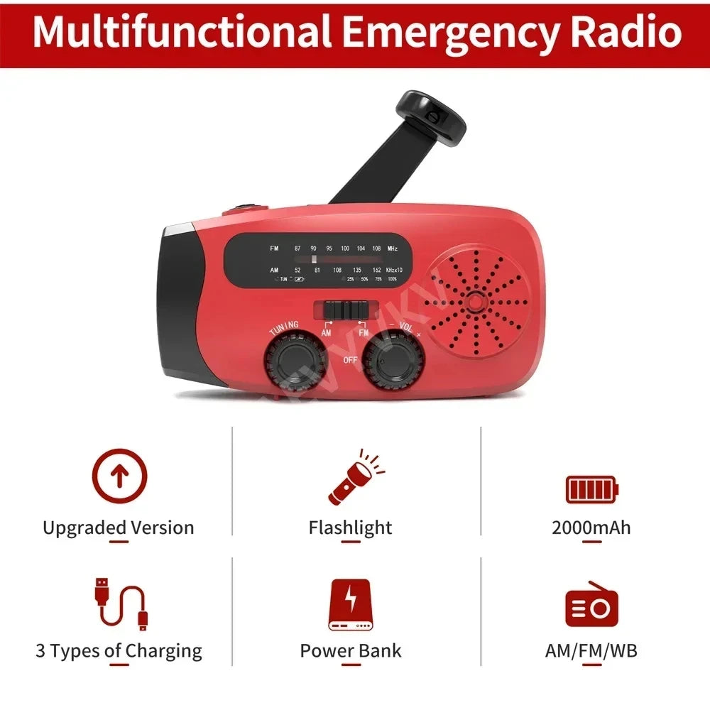 Rádio de Emergência Solar com Manivela, Lanterna e Carregador – funções: lanterna, bateria de 2.000 mAh, carregador e rádio AM/FM